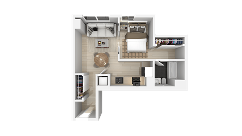 Floor plan for 1 bed, 1 bath, 653 sqft